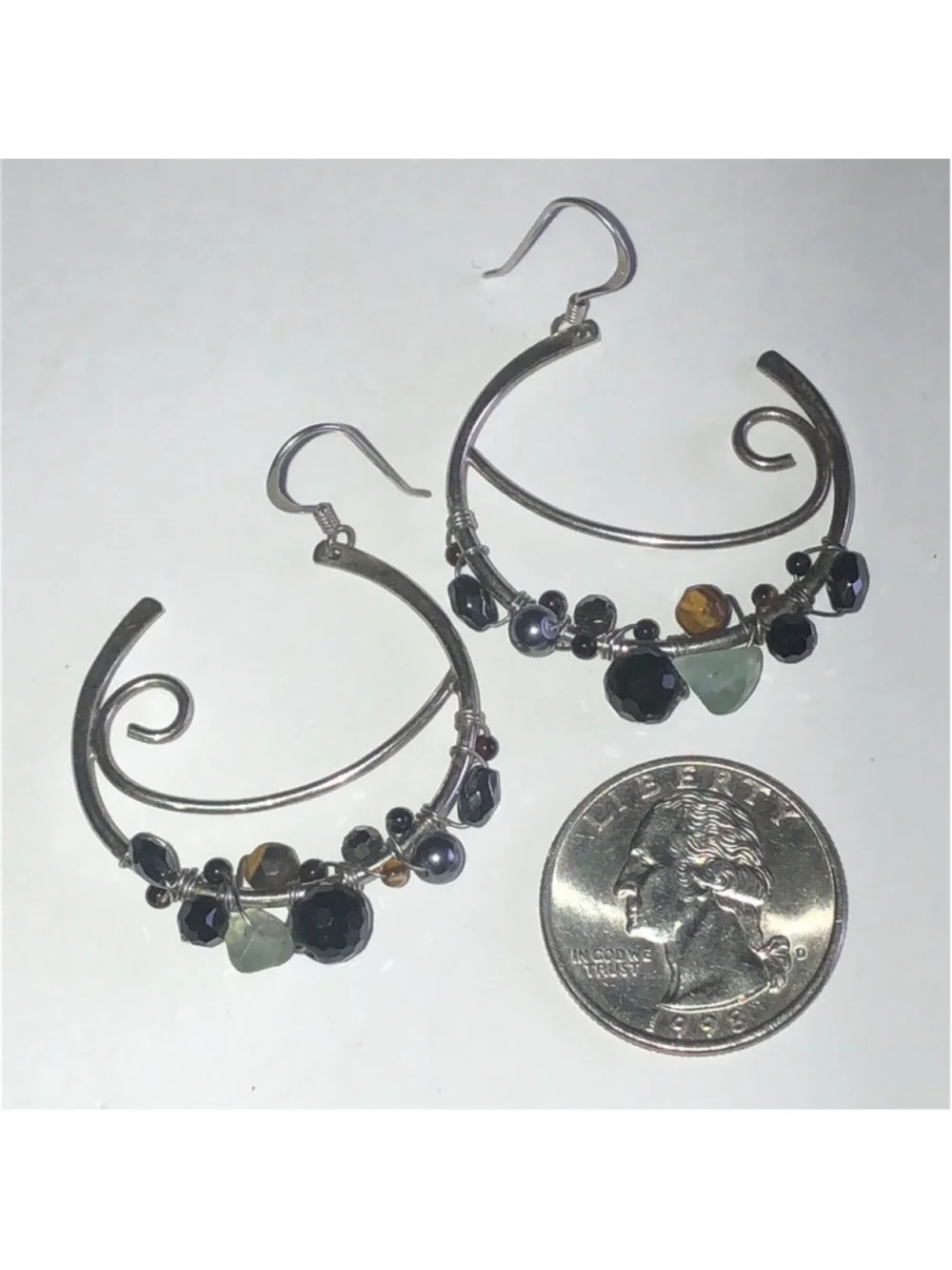 Elegant Sterling Silver Hoop Earrings with Black and Green Accents